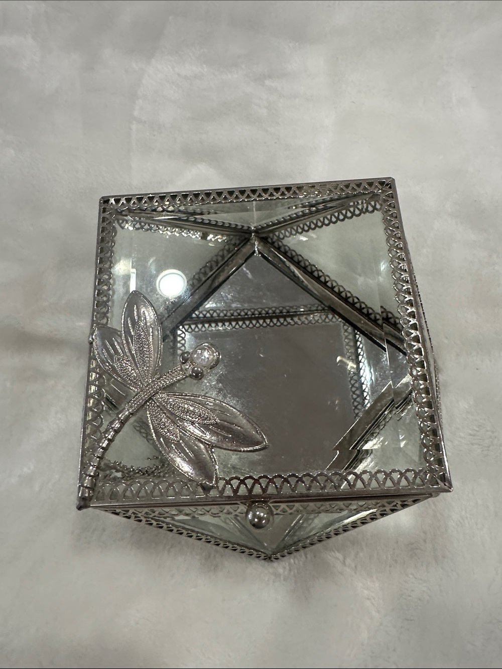 Silver Glass Dragonfly Accent Decorative jewelry box gently used